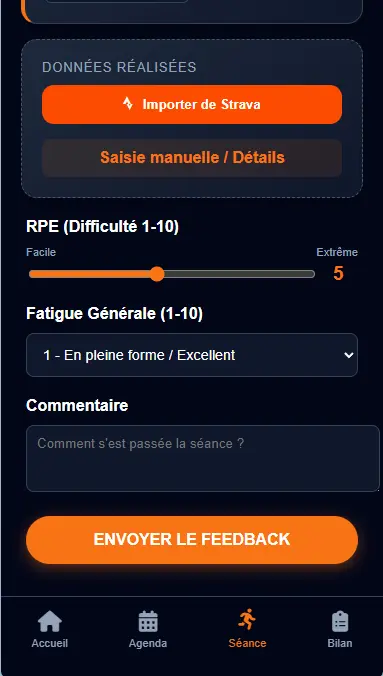 Interface de feedback post-séance dans l'app UltraRide