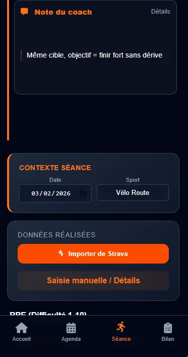Note du coach intégrée dans une séance UltraRide