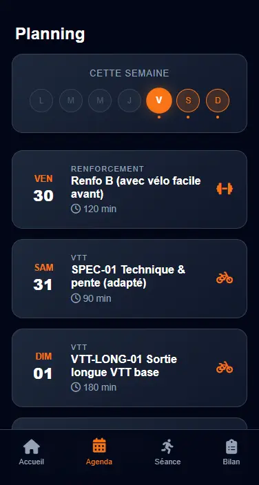 Planning hebdomadaire des séances d'entraînement UltraRide