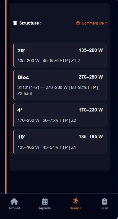 Exemple de séance créée sur-mesure dans l'app UltraRide