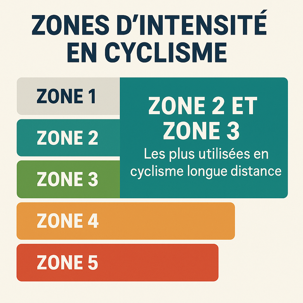 Schéma des zones d'intensité spécifiques à l'entraînement gravel longue distance